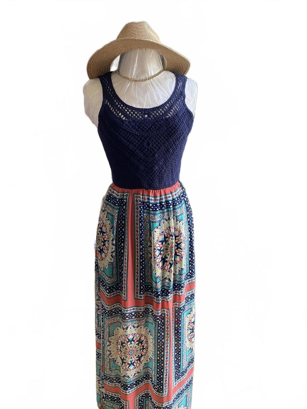 Sleeveless Navy Crochet Top Patterned Maxi Skirt Dress M